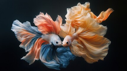 Two vibrant betta fish gracefully swimming amid flowing fins in shades of orange and blue.