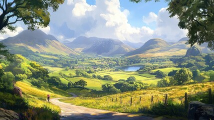 A cyclist on a peaceful hill road framed by vibrant green meadows and distant mountains under a sunny sky.