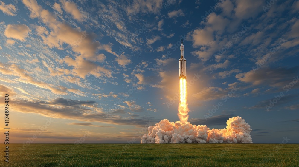 Poster rocket launch event at a space center dynamic scene outdoor environment aerial view engineering and 