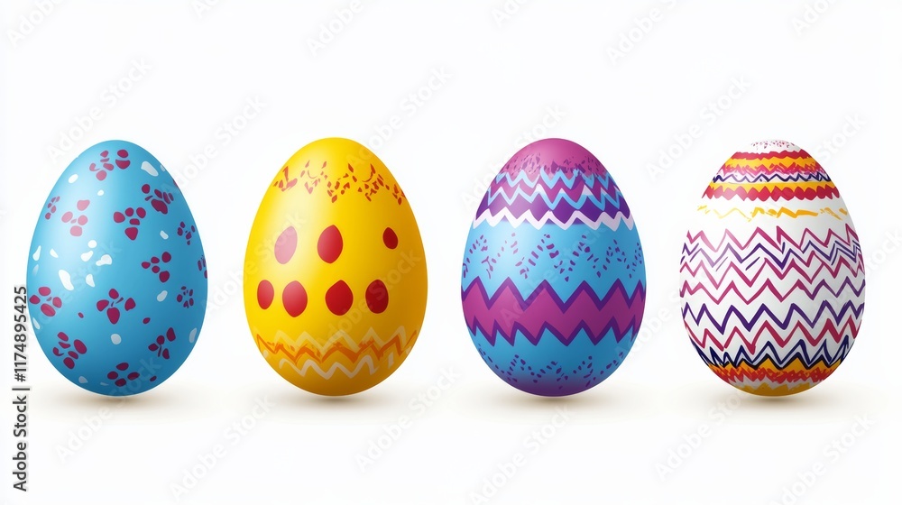 Poster four colorful eggs with different patterns and designs. the eggs are placed in a row, with the first