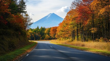 Autumnal Road Leading to Mount Fuji