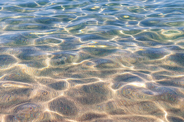 Through the transparent water of the ocean or sea you can see the sandy bottom with ridges of sand. Sun glare and ripples. View from above
