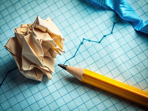 Financial Crisis Concept: Scattered Charts, Broken Pencil, and Crumbled Paper
