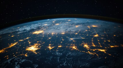 A stunning view of Earth from space, showcasing vibrant lights of cities under a starry sky.