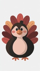 A cute, cartoon-style turkey with colorful feathers stands against a plain background, ideal for Thanksgiving decorations.