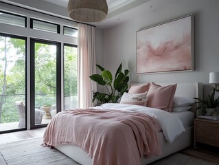 elegant bedroom with soft pink accents and natural lighting