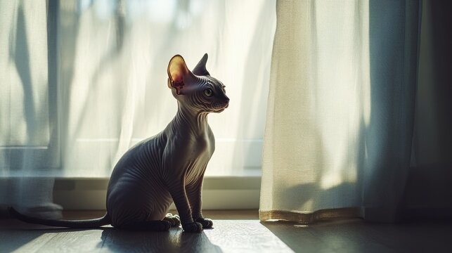 A sphynx cat sits gracefully by a softly lit window, casting intriguing shadows.