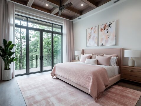 elegant bedroom with soft pink accents and natural lighting