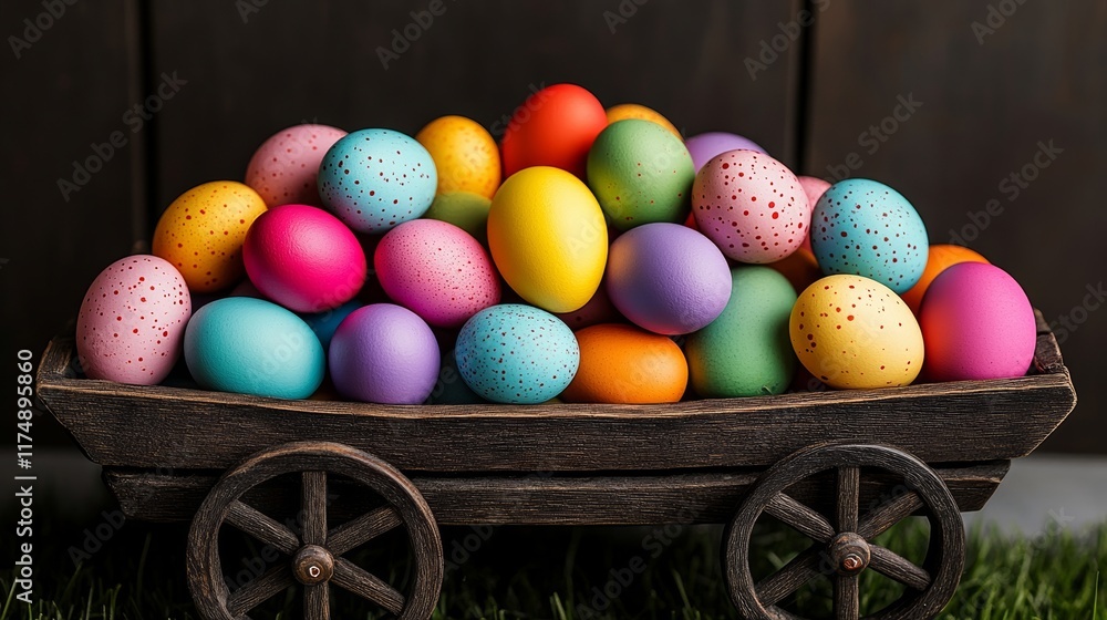 Poster wooden cart filled with colorful eggs. the eggs are of different colors and sizes, and they are arra
