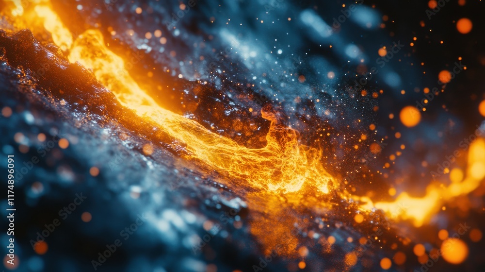 Poster vibrant orange and blue lava flow with sparkling particles against a dark background, creating a dyn