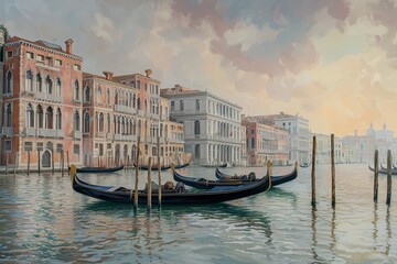 Obraz premium Venetian Gondolas at Dawn: Gondolas glide serenely along the Grand Canal in Venice, Italy, at dawn. The soft light of sunrise casts a magical glow on the historic buildings lining the waterway. 