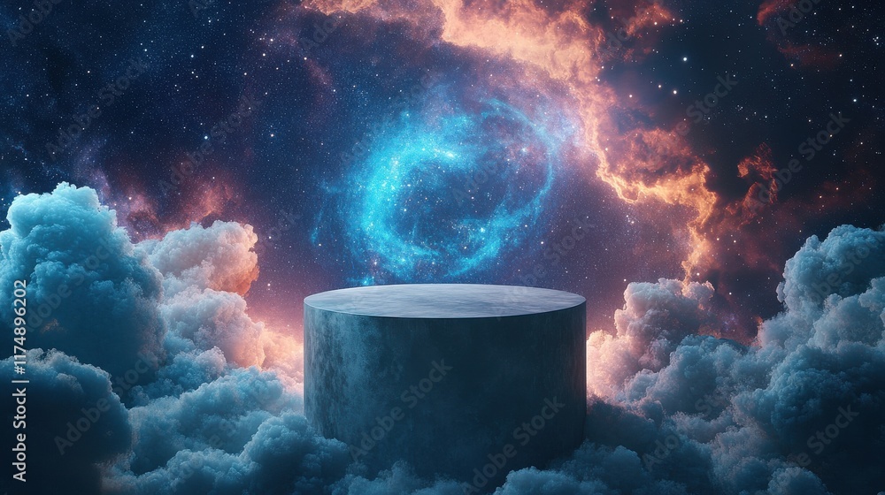 Poster a surreal cosmic scene featuring a circular platform surrounded by vibrant nebula colors in the univ