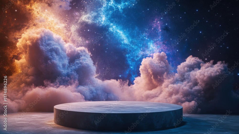 Poster a mesmerizing cosmic backdrop featuring vibrant clouds and a circular platform in the galaxy.