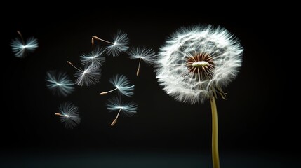 Close up of a dandelion with its seeds flying away. Concept of freedom and the fleeting nature of life