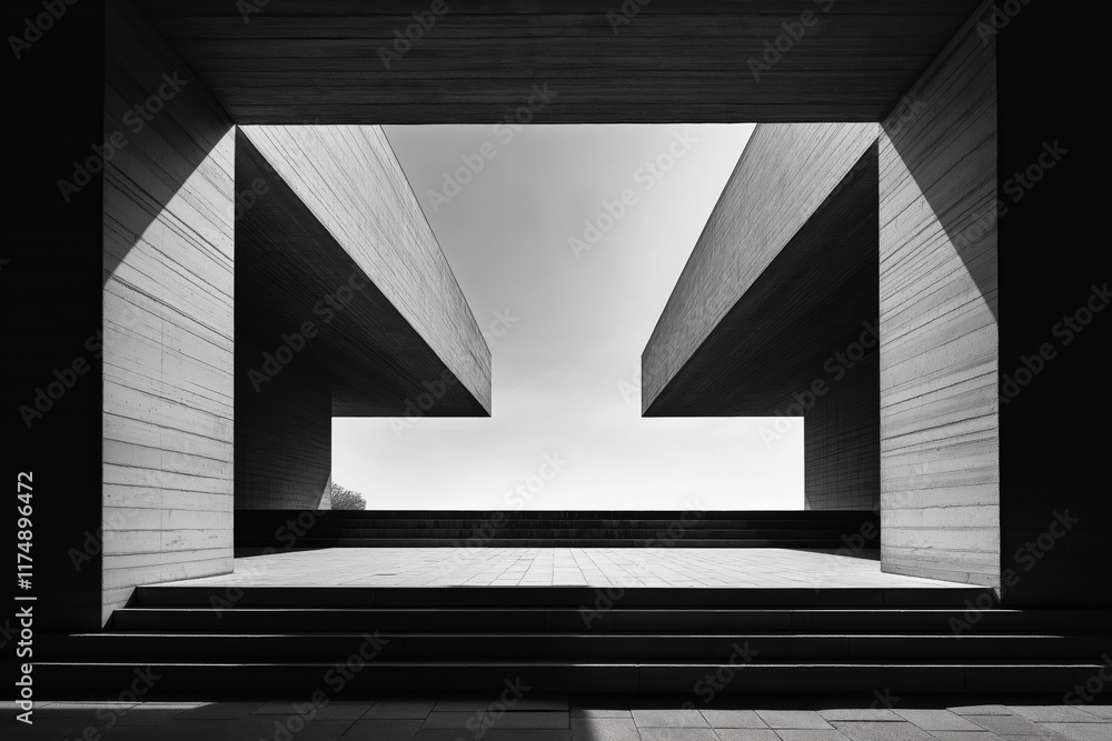 Poster minimalist architecture: an abstract black and white photograph capturing a modern architectural str