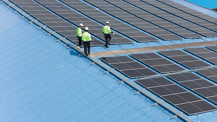 Professional Engineer Service Solar Panel. Worker Maintenance Cleaning Replacing Solar Panel.