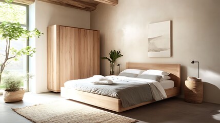 Minimalist bedroom with blurred background of bedside lamps and decor 