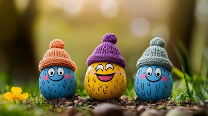 Fototapeta premium Three cartoon faces with hats on a grassy field. Scene is lighthearted and playful