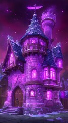 Fototapeta premium Enchanting Purple Castle Under a Starlit, Snowy Night Sky