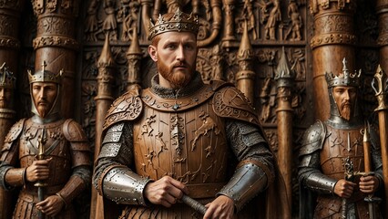 Fototapeta premium A majestic wooden carving of King Arthur, depicted in full armor with Excalibur in hand, surrounded by carved knights, castles, and mythical creatures.