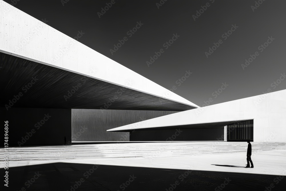 Poster solitude in modern architecture: a lone figure walks in stark contrast against the clean lines and g
