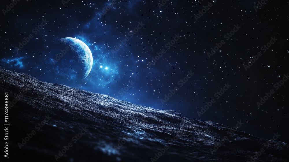 Poster a mesmerizing view of a distant planet against a backdrop of stars and cosmic waves.