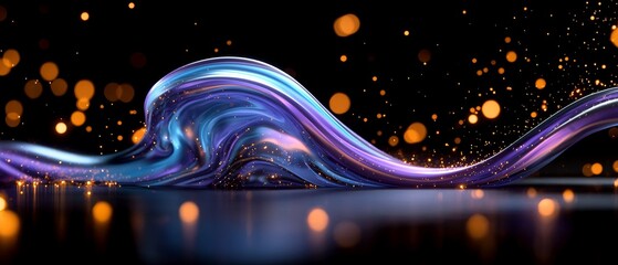 Obraz premium Abstract Purple Blue Liquid Wave with Golden Sparkle and Bokeh Lights