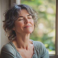 A serene portrait of a middle-aged woman sitting by the window, the light falling on her face. Her eyes are closed and there is a smile on her lips. The background features blurred greenery outside