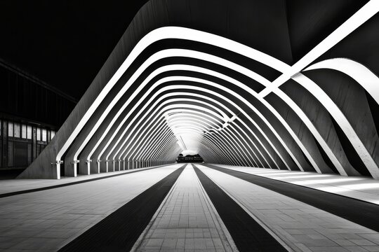 Abstract Architecture: A mesmerizing black and white photograph of a futuristic bridge, its sleek lines and dramatic lighting create a sense of mystery and wonder.