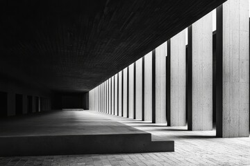 Fototapeta premium Minimalist Concrete Hallway: A stark, minimalist hallway bathed in the soft glow of natural light.