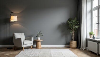 A chic gray-toned studio room with soft, focused lighting provides an elegant backdrop.