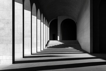 Fototapeta premium Architectural Monochrome: A dramatic black and white photograph showcasing a long hallway with arched columns, creating strong lines and intriguing shadows.