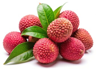 Fresh Lychees with Green Leaf on White &acirc;&euro;&ldquo; Culinary & Health Stock Photo