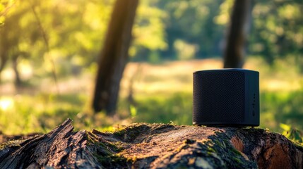 Obraz premium Portable Speaker Resting on the Trunk: A Rechargeable Companion for Outdoor Recreation and Communication