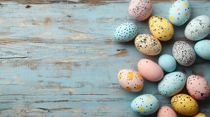 Obraz premium Colorful Easter Eggs on Rustic Wooden Surface in Decorative Pattern, Perfect for Festive Themes