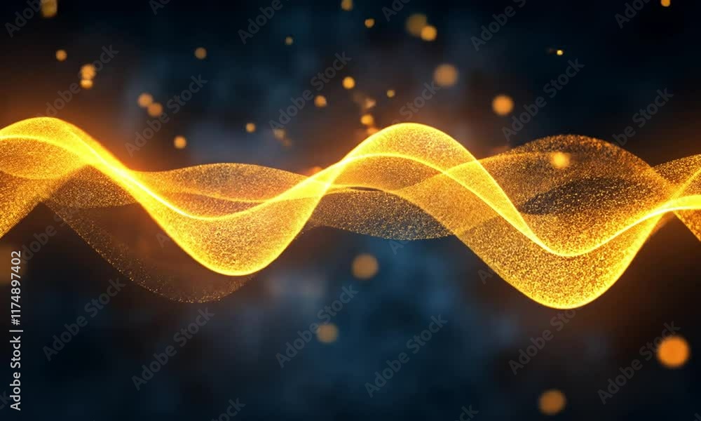 Poster pulsating fluid waves transitioning into glowing orbs surrounded by swirling shimmering particles