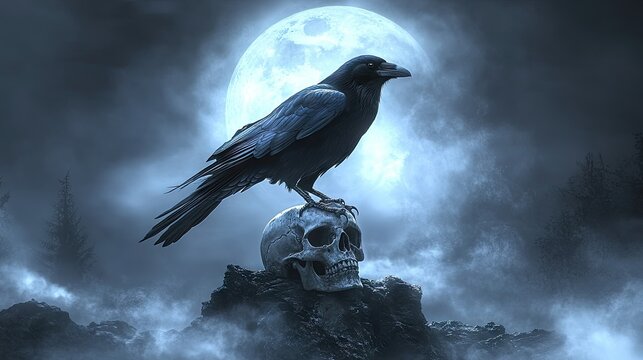 A raven perched on a skull under a full moon, creating a dark, mystical atmosphere.