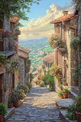 Fototapeta premium Tuscan Hills Village Street Scene 