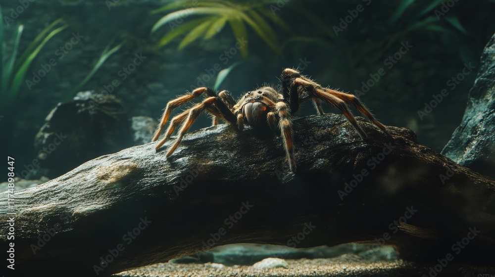 Poster a close-up of a tarantula perched on a log in an underwater setting, showcasing its intricate detail
