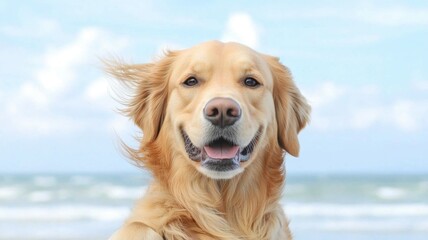 A happy golden retriever stands by the beach, enjoying the breeze and sunlight, with a joyful expression on its face.