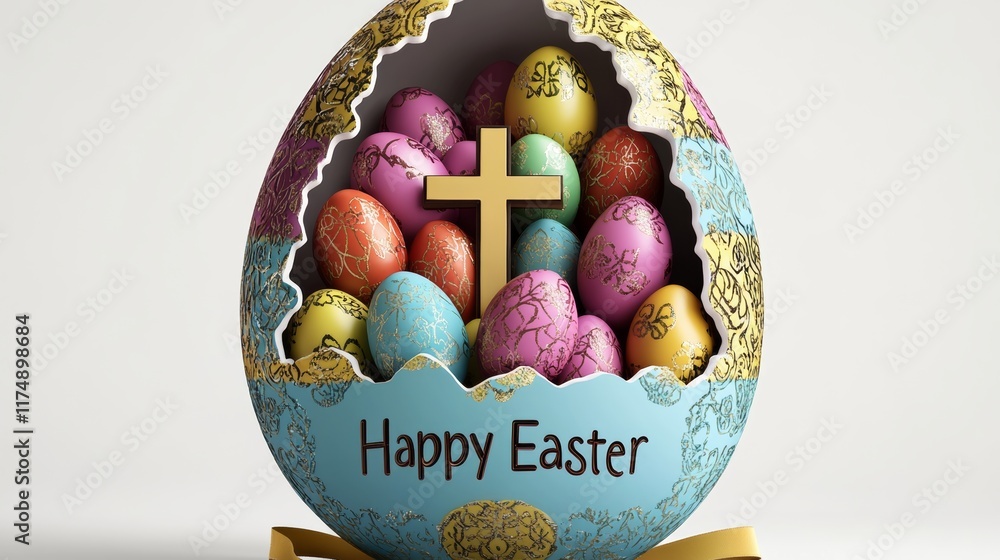 Poster large egg shaped container with a cross and many colorful eggs inside. the container is labeled happ