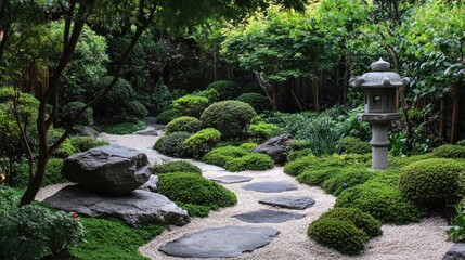 Serene Japanese Garden with Stone Lanterns and Winding Path