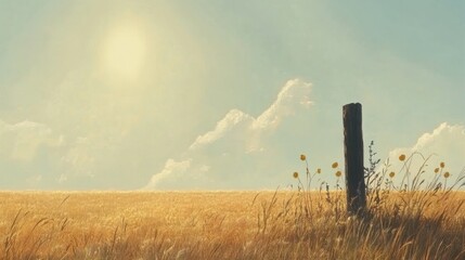 A field of golden grass with a single fence post under a wide, open sky.