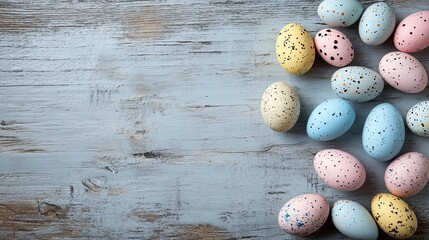 Obraz premium Colorful Easter Eggs on Rustic Wooden Surface in Decorative Pattern, Perfect for Festive Themes