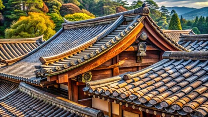 Weathered shingles and tiles detail the ancient, panoramic view of a traditional Japanese roof.