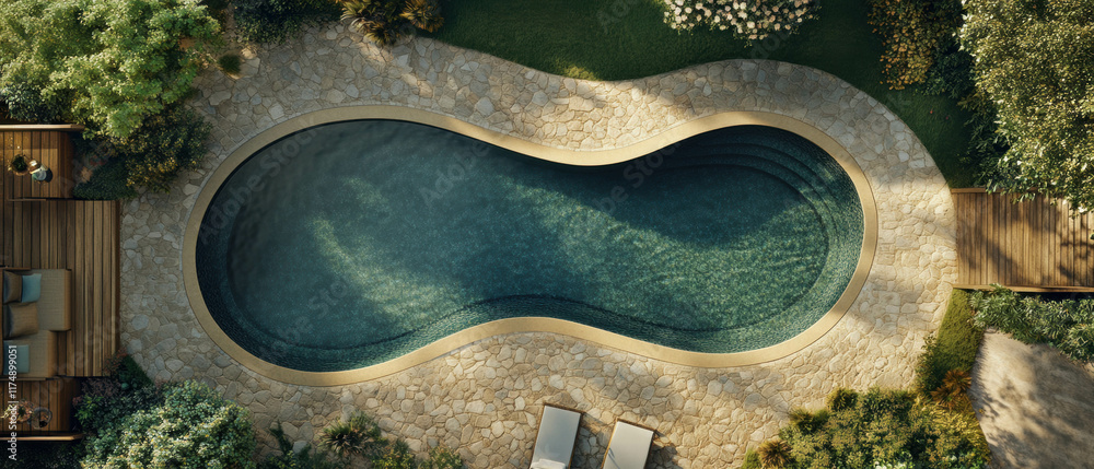 Poster empty kidney-shaped pool in a retro-style backyard under soft lighting