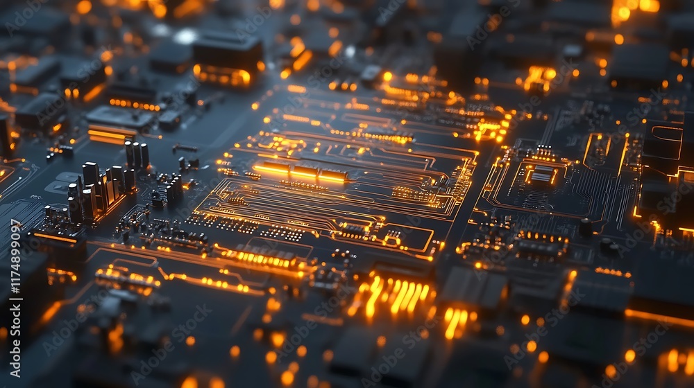Poster illuminated circuit board showing complex electronic pathways