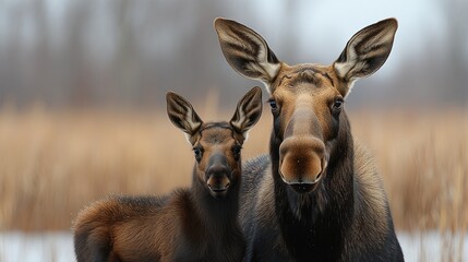 Fototapeta premium A moose and its calf standing in a natural environment.