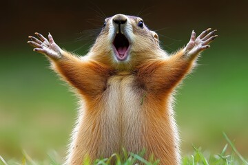 Small brown animal with its mouth open and arms raised in the air. The animal appears to be happy and excited