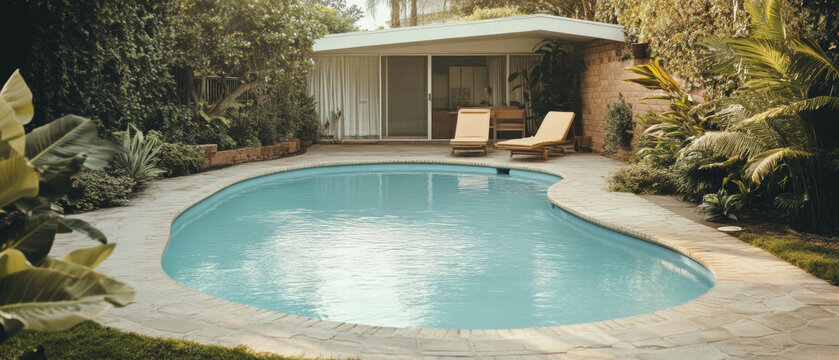 Retro kidney-shaped pool in a serene backyard setting surrounded by greenery